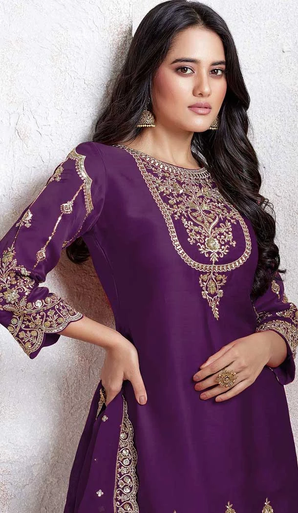 Purple Faux Georgette Embroidered Punjabi Patiyala Salwar Suit - 157728341