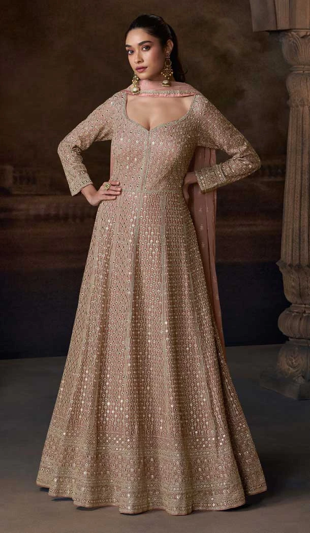 Chinon Embroidery Work Party Wear Anarkali Salwar Kameez In Peach - 157758368