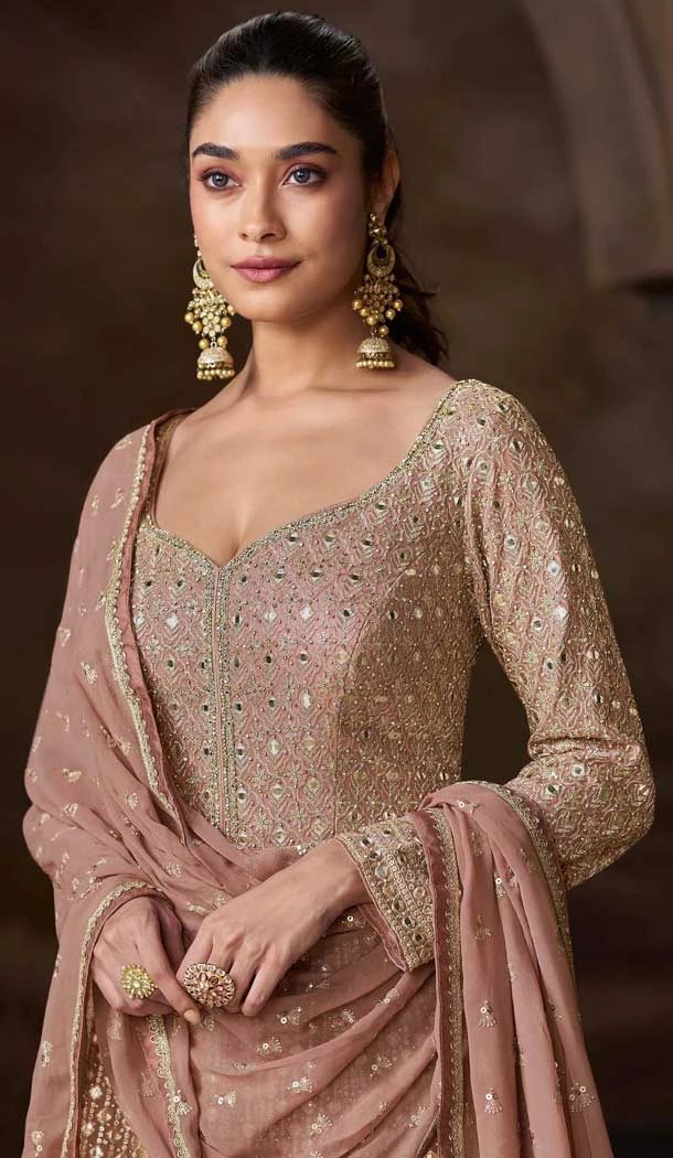 Chinon Embroidery Work Party Wear Anarkali Salwar Kameez In Peach - 157758368