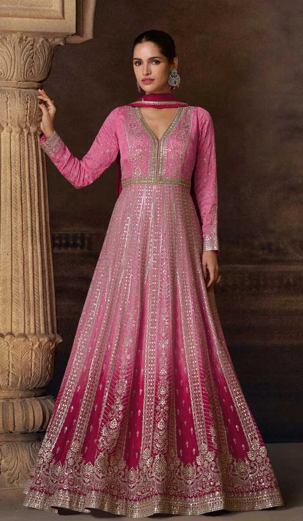 Chinon Embroidery Work Party Wear Anarkali Salwar Kameez In Pink - 157758370
