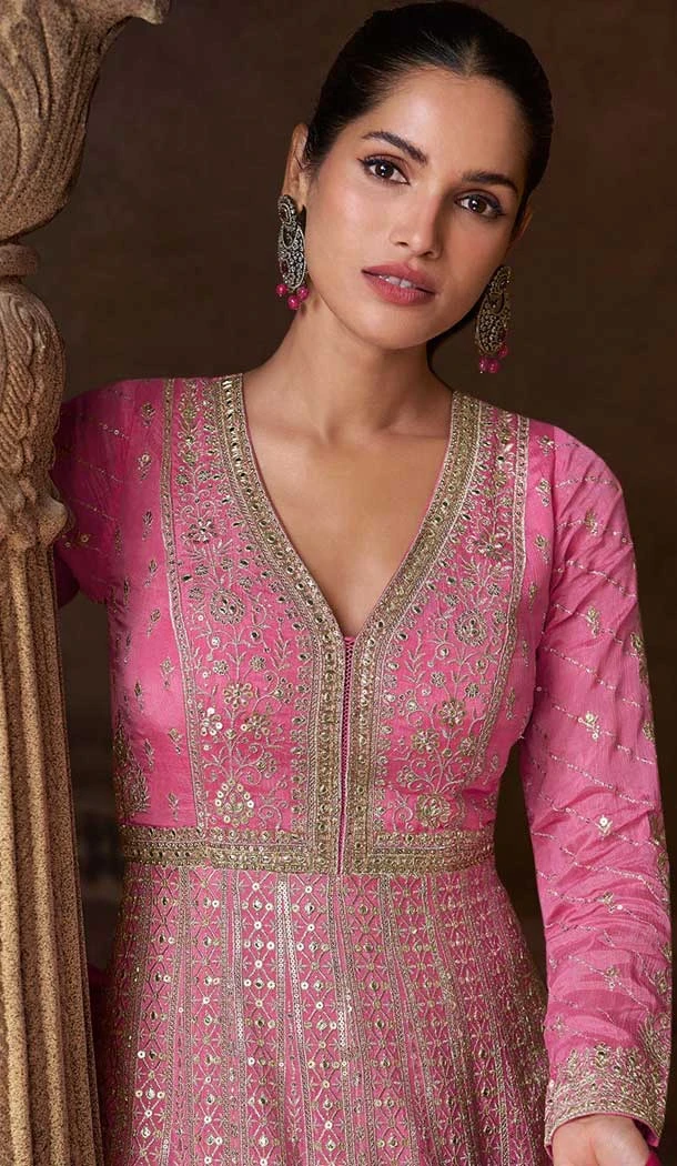 Chinon Embroidery Work Party Wear Anarkali Salwar Kameez In Pink - 157758370