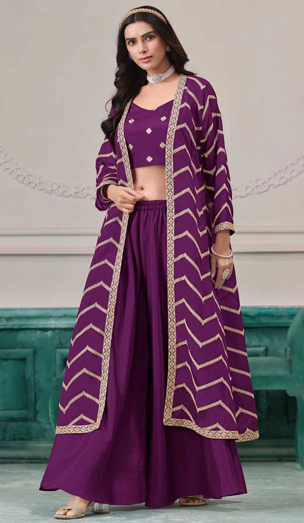 Purple Chinon Embroidered Party Wear Plazzo Shrug Suit - 158038590