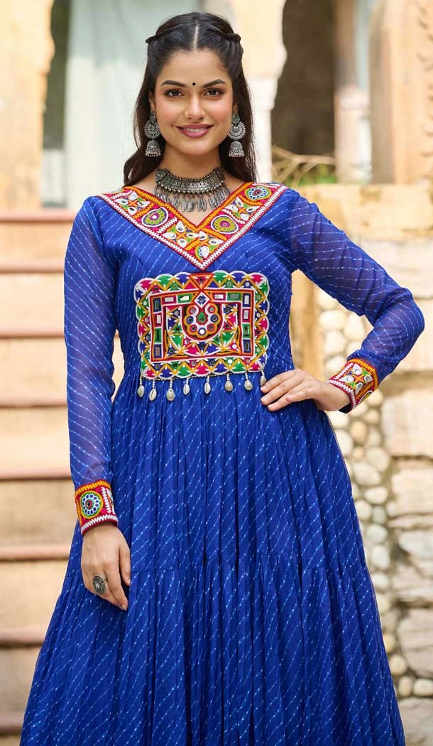 Faux Georgette Laheriya Print Navratri Special Gown In Blue - 13000210481