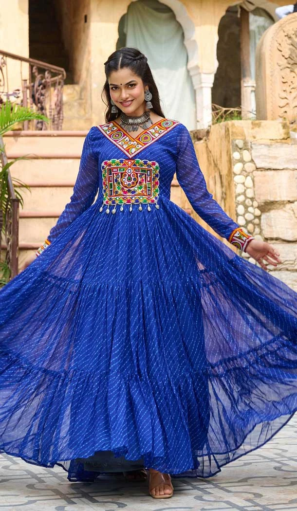 Faux Georgette Laheriya Print Navratri Special Gown In Blue - 13000210481