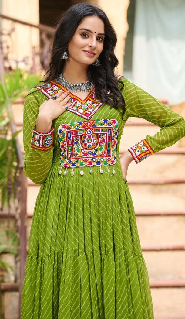 Faux Georgette Laheriya Print Navratri Special Gown In Parrot Green Color - 13000210482