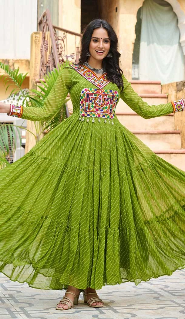 Faux Georgette Laheriya Print Navratri Special Gown In Parrot Green Color - 13000210482