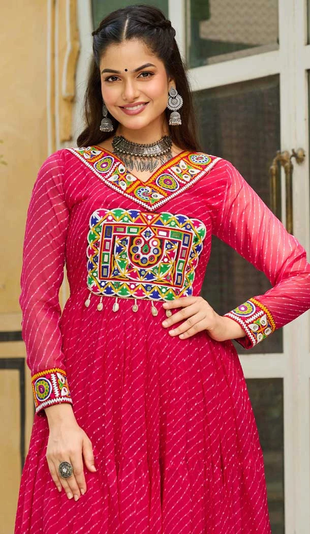 Faux Georgette Laheriya Print Navratri Special Gown In Pink - 13000210483