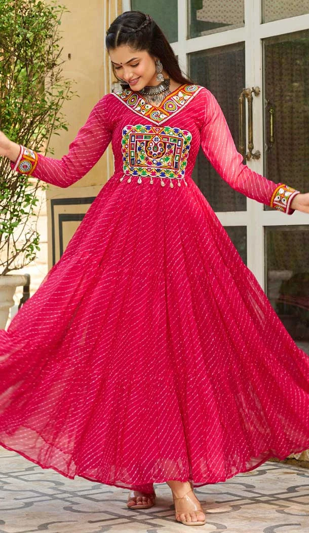 Faux Georgette Laheriya Print Navratri Special Gown In Pink - 13000210483
