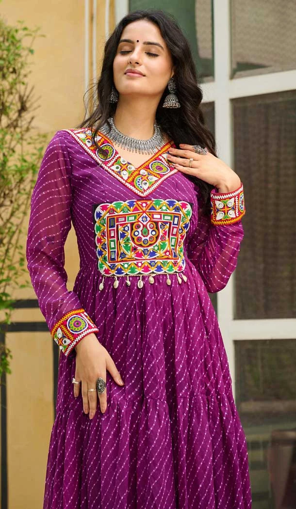 Faux Georgette Laheriya Print Navratri Special Gown In Wine - 13000210484