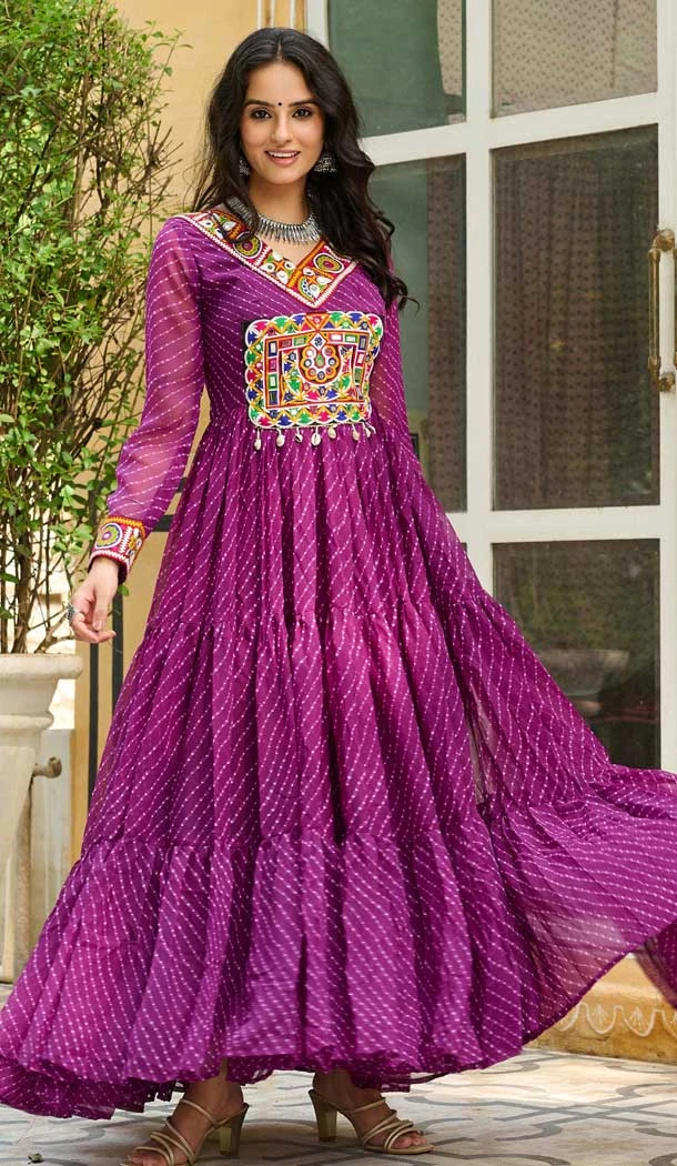 Faux Georgette Laheriya Print Navratri Special Gown In Wine - 13000210484