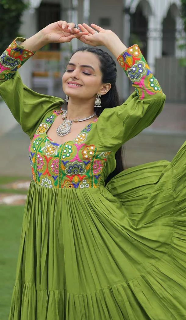 Navratri Special Parrot Green Color Rayon Kutchi Gamthi work Gown - 13023210596