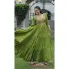 Navratri Special Parrot Green Color Rayon Kutchi Gamthi work Plus Size Gown - 13023210596