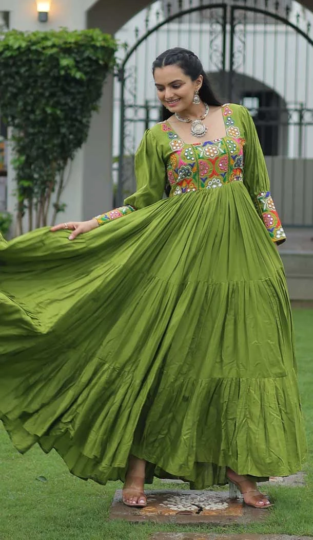 Navratri Special Parrot Green Color Rayon Kutchi Gamthi work Gown - 13023210596