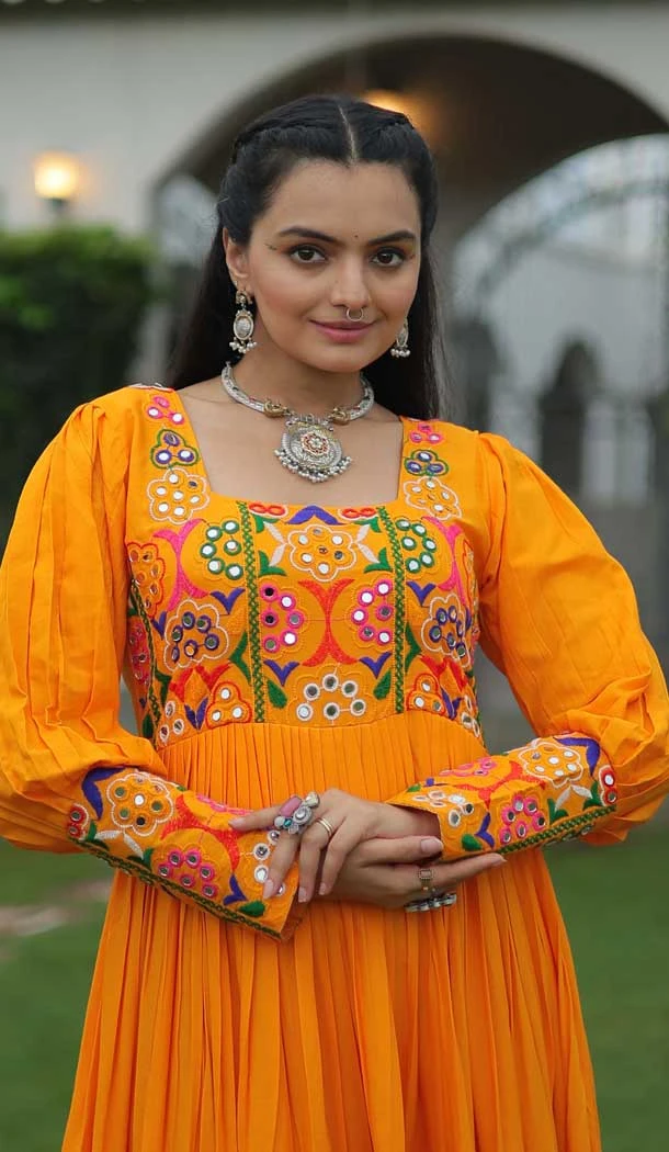 Navratri Special Yellow Rayon Kutchi Gamthi work Gown - 13023210598