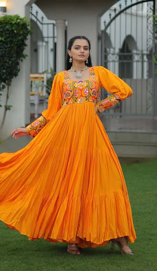Navratri Special Yellow Rayon Kutchi Gamthi work Gown - 13023210598