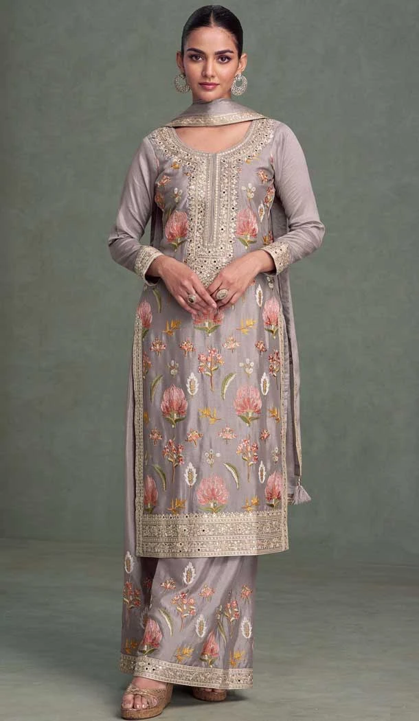 Grey Chinon Embroidery Work Party Wear Palazzo Salwar Suit - 158048595