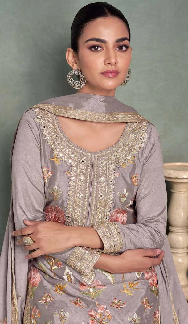 Grey Chinon Embroidery Work Party Wear Palazzo Salwar Suit - 158048595