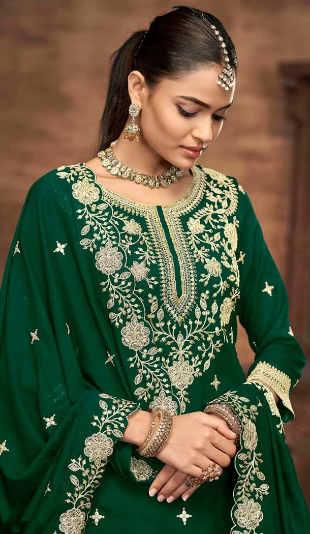 Green Vichitra Silk Embroidery Work Wedding Wear Lehenga Suit - 159089182
