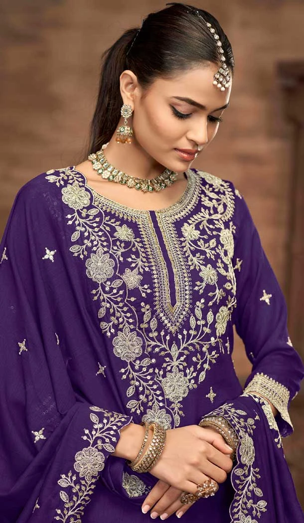Purple Vichitra Silk Embroidery Work Wedding Wear Lehenga Suit - 159089183