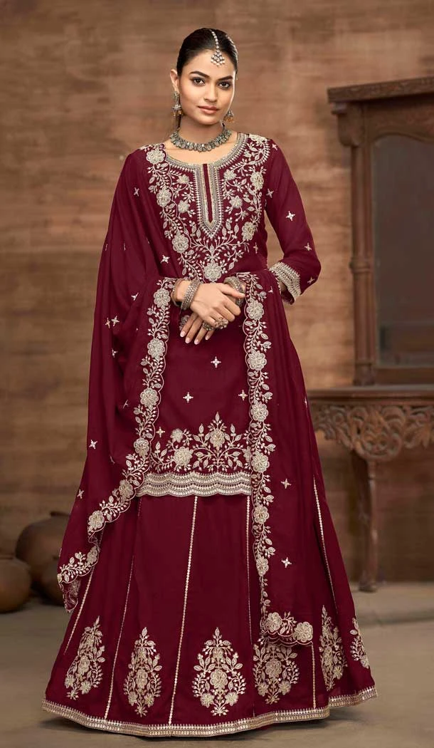 Maroon Vichitra Silk Embroidery Work Wedding Wear Lehenga Suit - 159089185