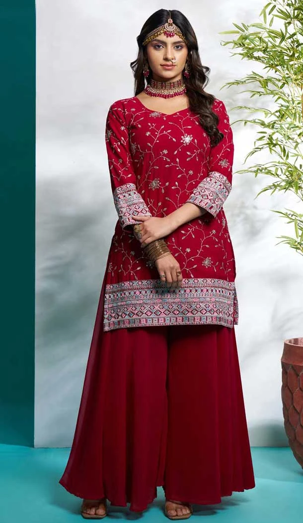 Maroon Faux Georgette Embroidered Party Wear Palazzo Suit - 12011204586