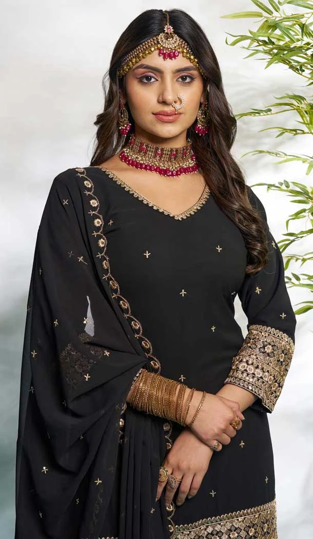 Black Faux Georgette Embroidered Party Wear Palazzo Suit - 12011204587