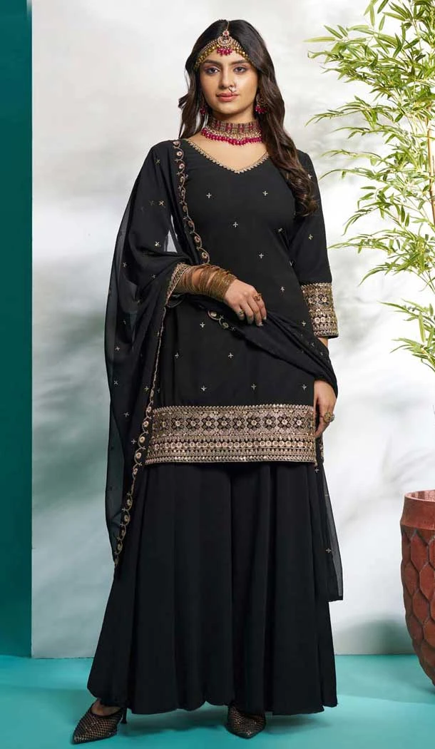 Black Faux Georgette Embroidered Party Wear Palazzo Suit - 12011204587