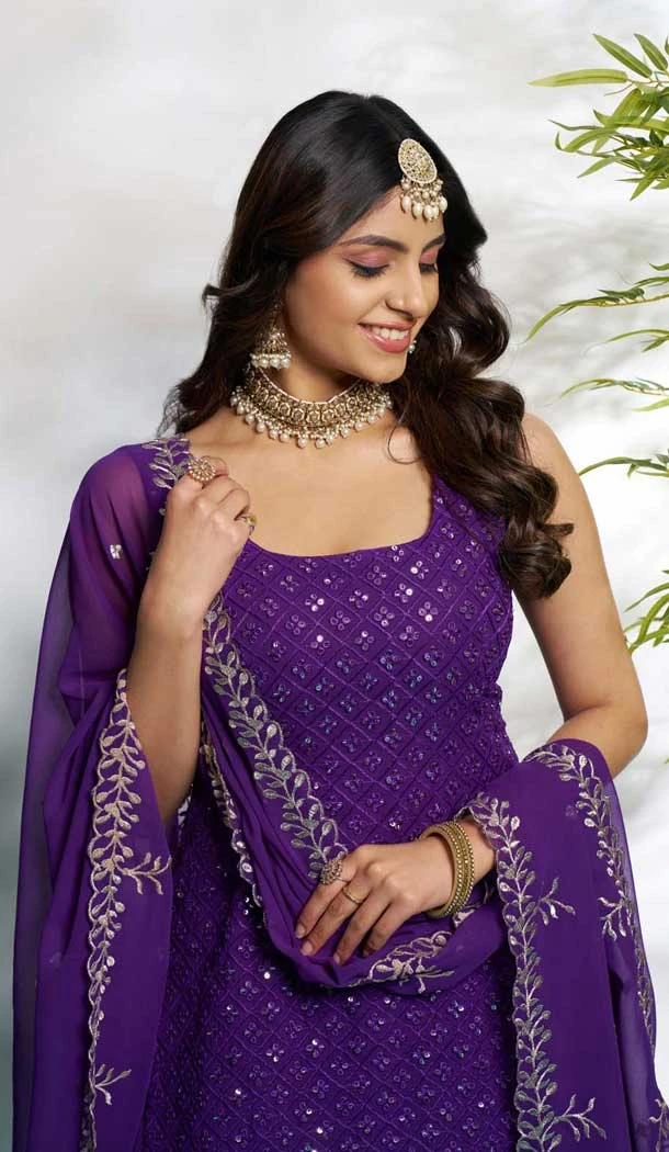 Purple Faux Georgette Embroidered Party Wear Palazzo Suit - 12011204588