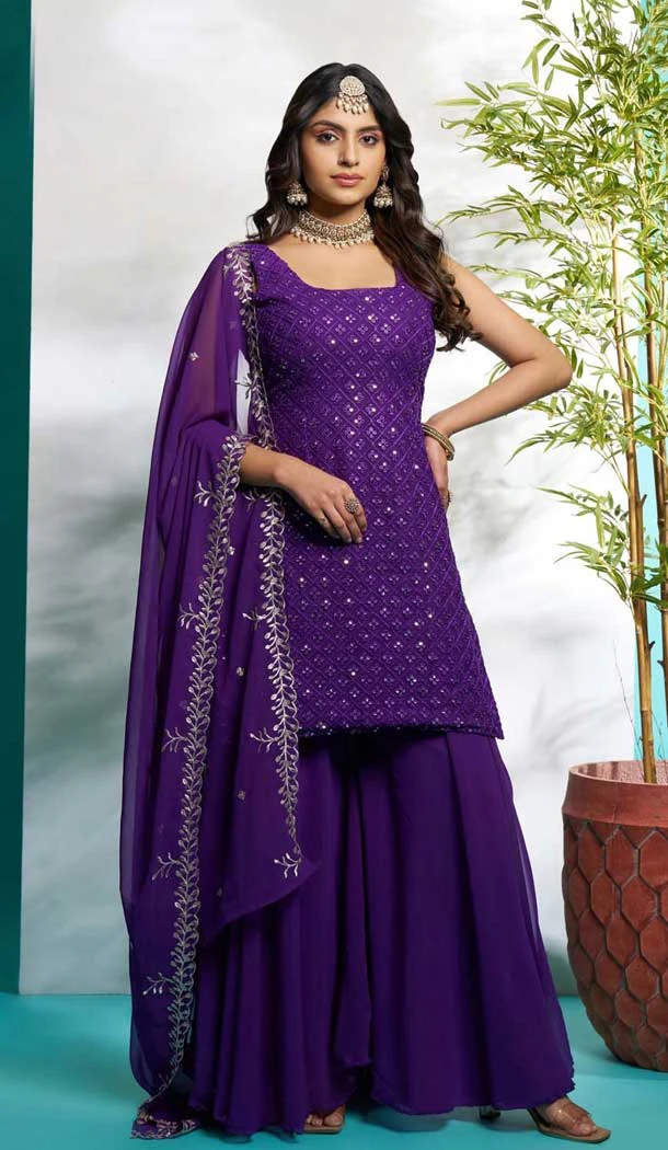 Purple Faux Georgette Embroidered Party Wear Palazzo Suit - 12011204588
