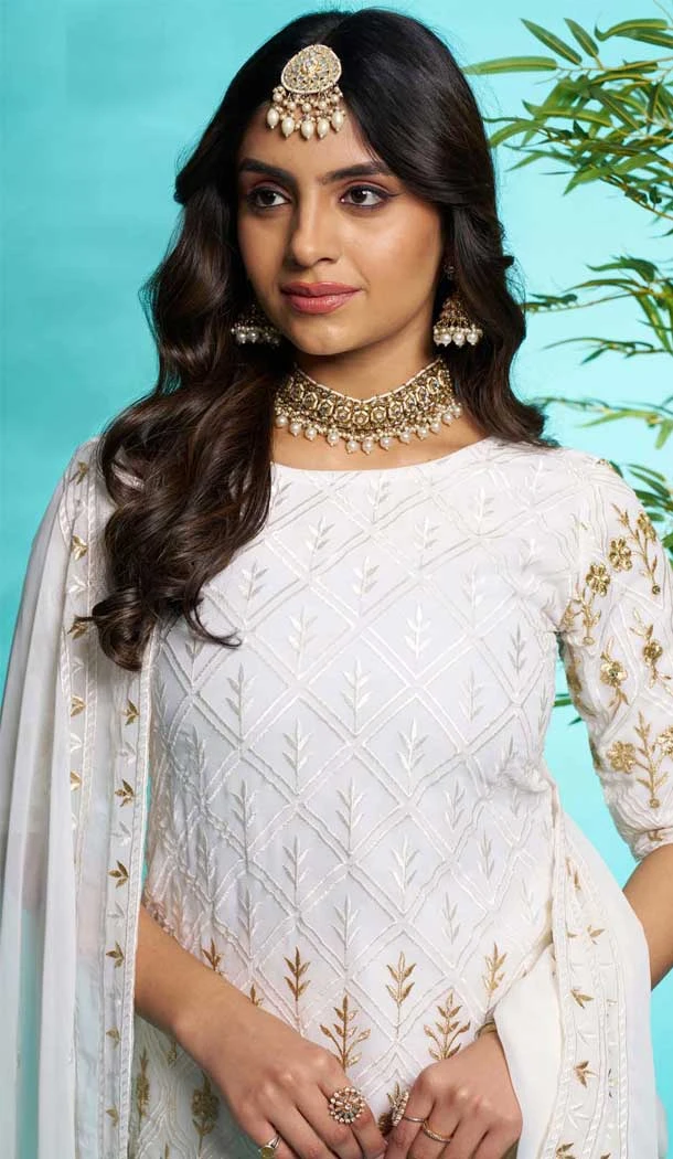 Off White Faux Georgette Embroidered Party Wear Palazzo Suit - 12011204589