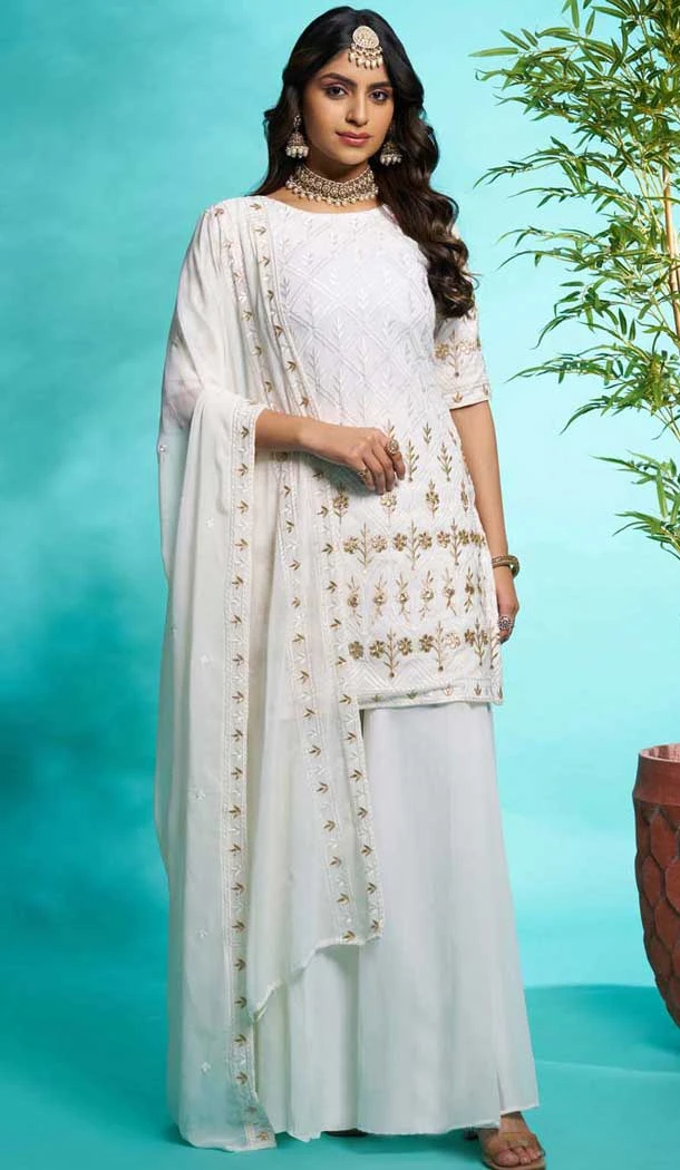Off White Faux Georgette Embroidered Party Wear Palazzo Suit - 12011204589