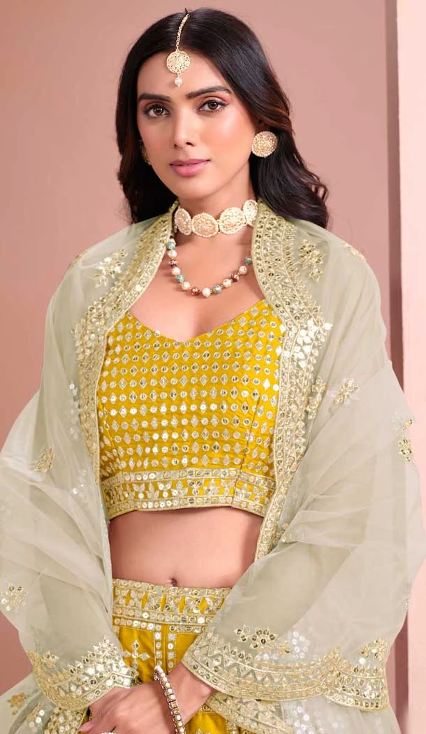 Art Silk Sequins Work Designer Wear Lehenga Choli In Yellow - 12012204590