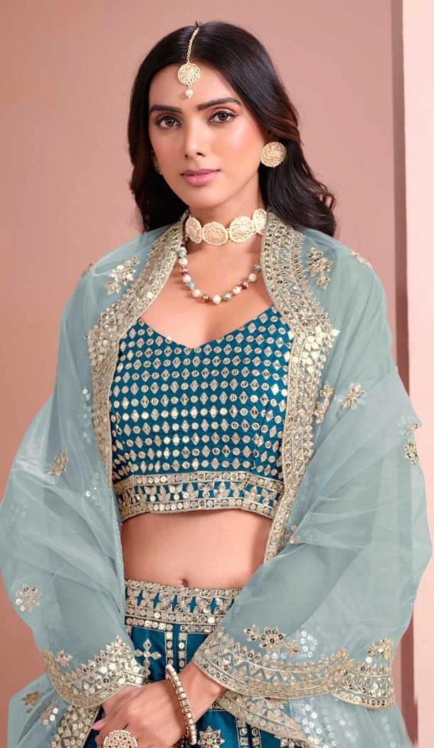 Art Silk Sequins Work Designer Wear Lehenga Choli In Teal Blue - 12012204592