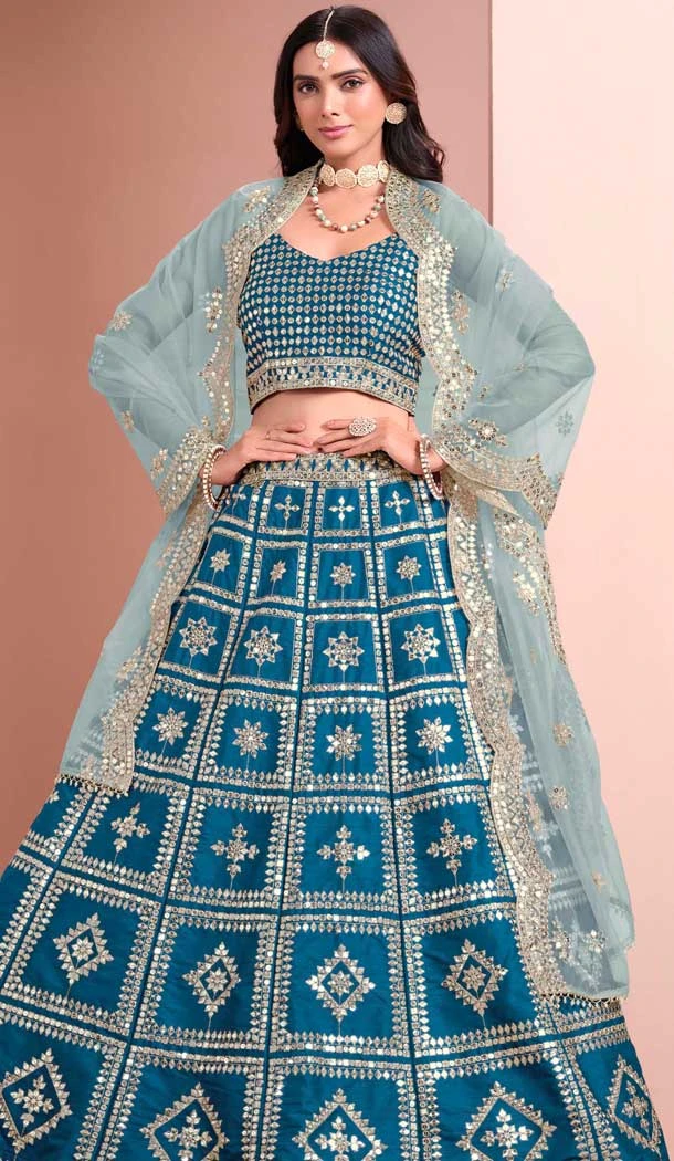 Art Silk Sequins Work Designer Wear Lehenga Choli In Teal Blue - 12012204592