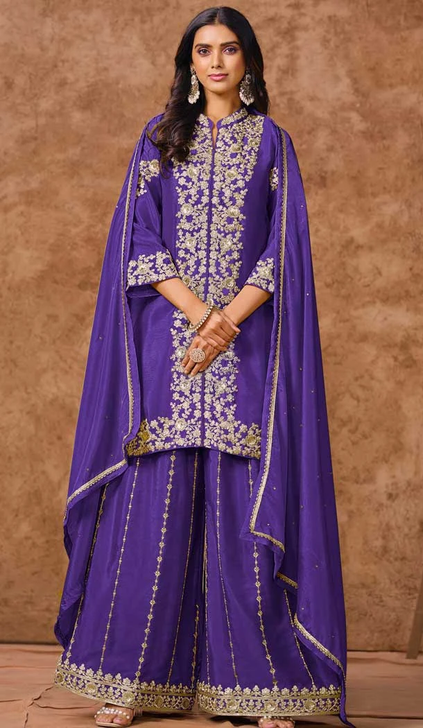 Royal Blue Chinon Silk Embroidered Pakistani Style Palazzo Suit - 12019204616