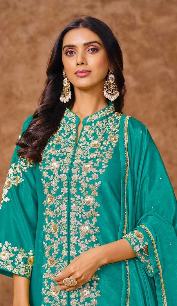 Rama Blue Chinon Silk Embroidered Pakistani Style Palazzo Suit - 12019204617