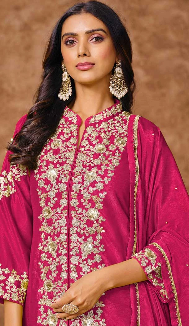 Rani Pink Chinon Silk Embroidered Pakistani Style Palazzo Suit - 12019204618