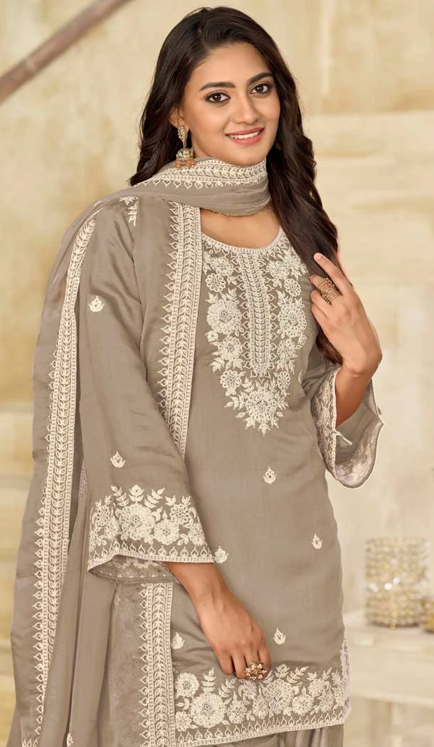 Grey Silk Embroidered Punjabi Patiala Suit - 158218699