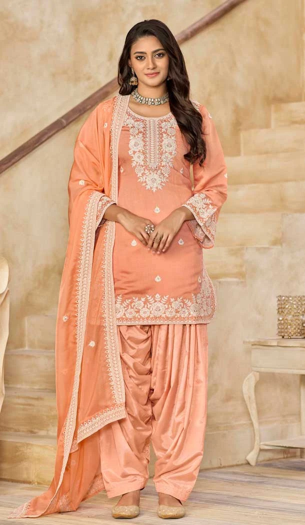 Peach Silk Embroidered Punjabi Patiala Suit - 158218701