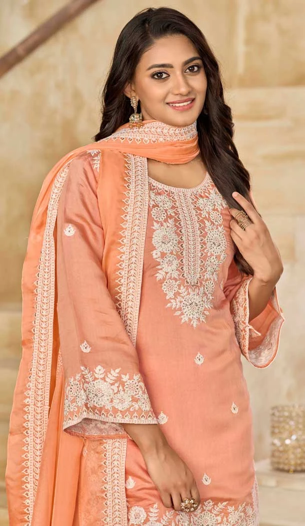 Peach Silk Embroidered Punjabi Patiala Suit - 158218701