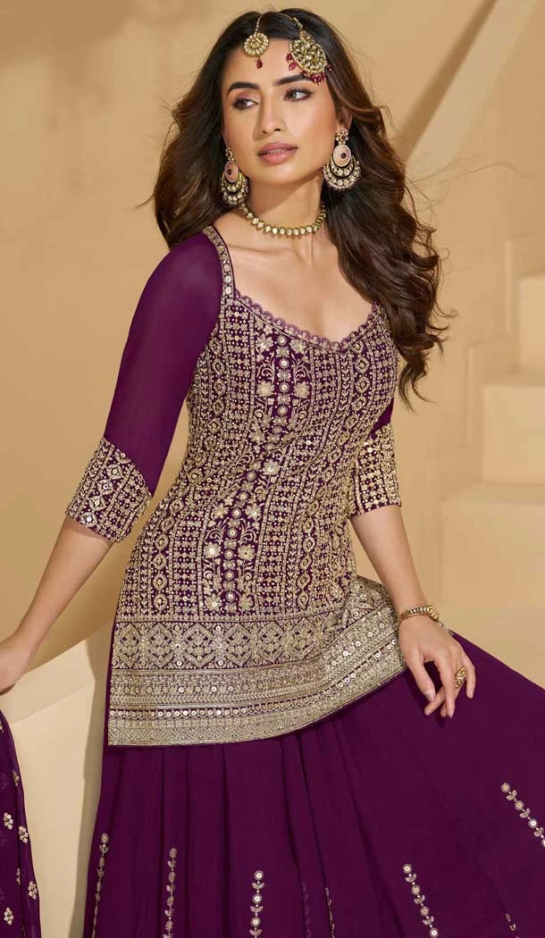 Georgette Heavy Embroidery Designer Sharara Suit In Purple - 158308733