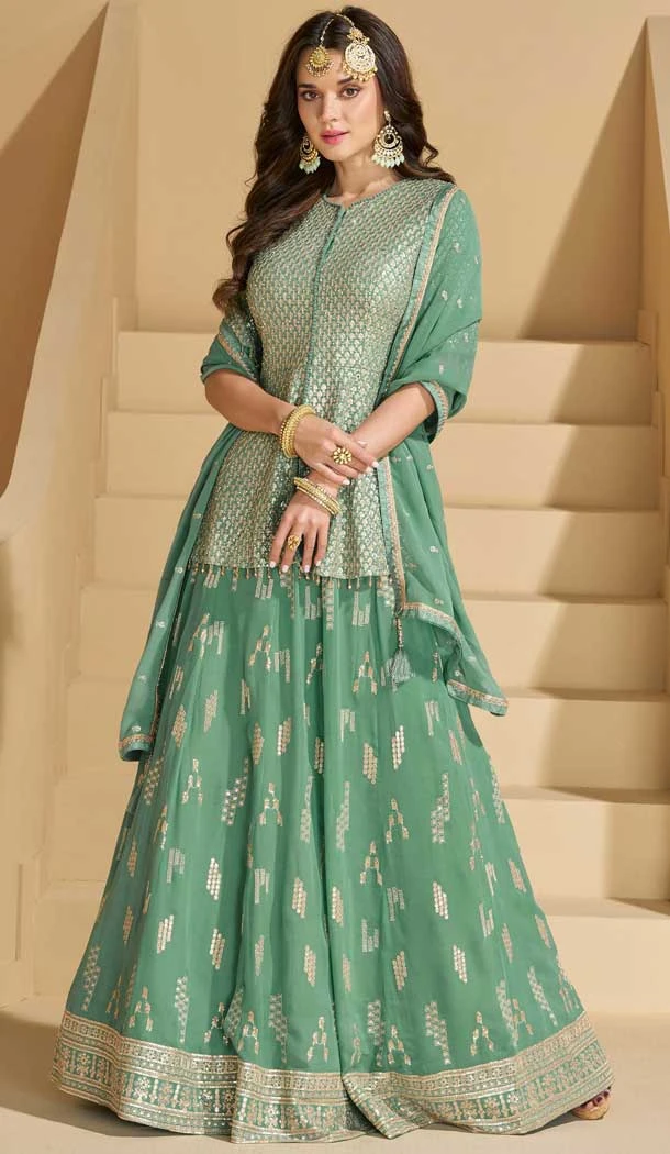 Georgette Heavy Embroidery Designer Sharara Suit In Green - 158308735
