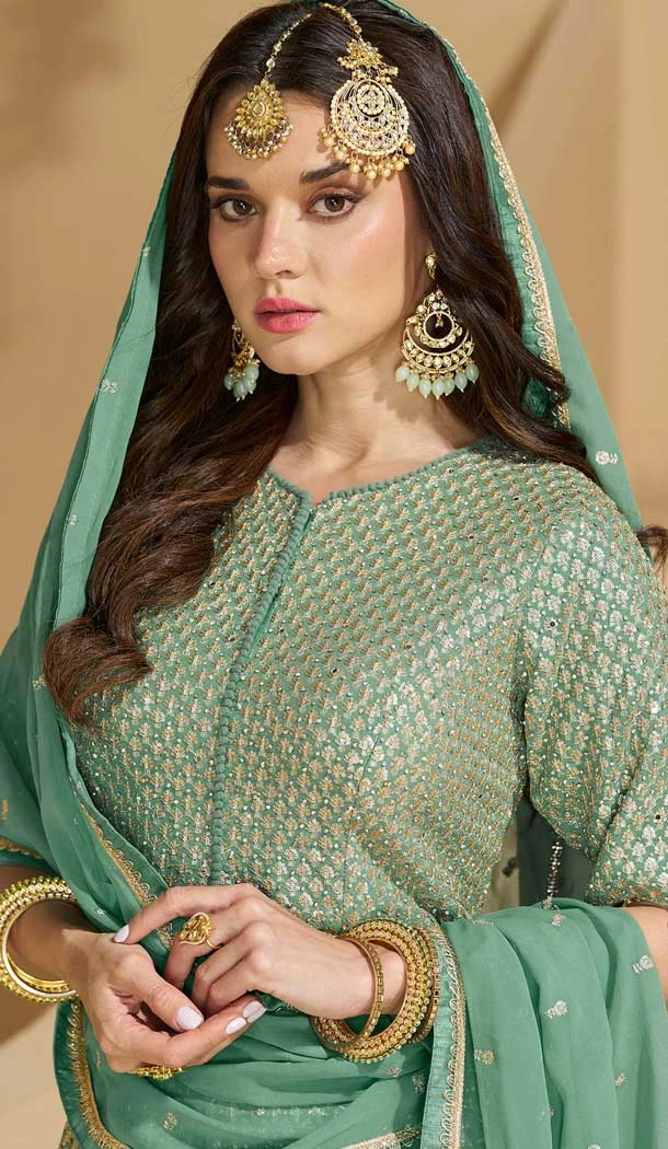 Georgette Heavy Embroidery Designer Sharara Suit In Green - 158308735