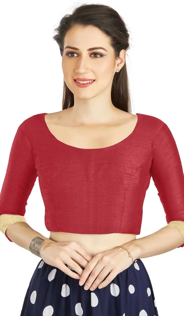 Red Art Silk Lace Border Work Readymade Blouse - 12026204659