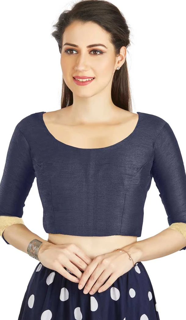 Navy Blue Art Silk Lace Border Work Readymade Blouse - 12026204667