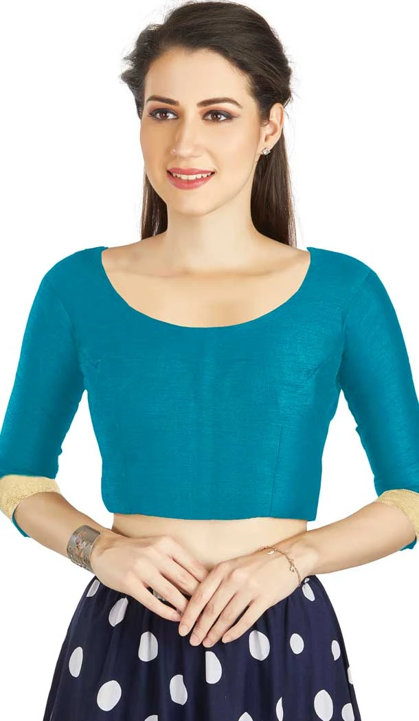 Turquoise Art Silk Lace Border Work Readymade Blouse - 12026204668