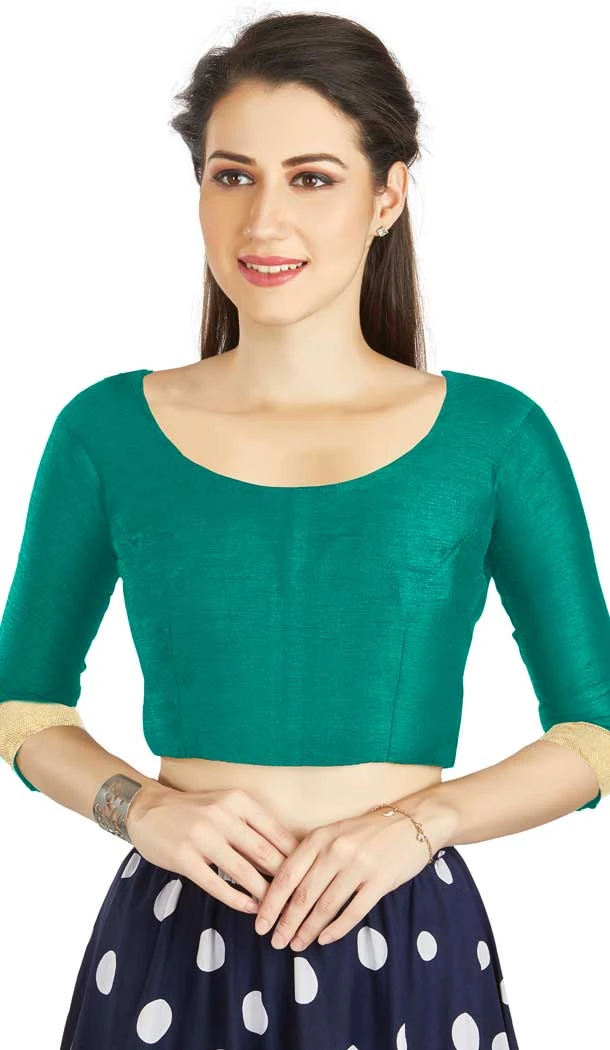 Aqua BlueArt Silk Lace Border Work Readymade Blouse - 12026204669