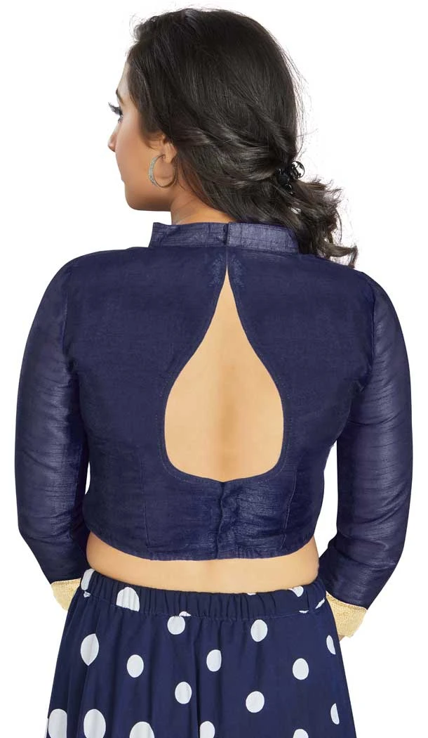 Navy Blue Art Silk Lace Border Work Party Wear Readymade Blouse - 12033204699