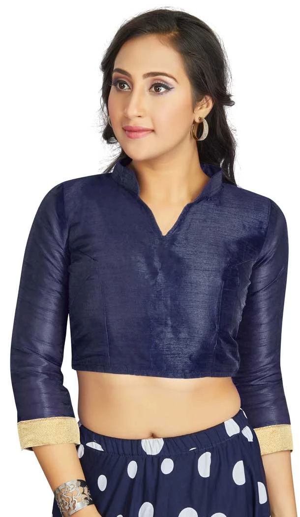 Navy Blue Art Silk Lace Border Work Party Wear Readymade Blouse - 12033204699