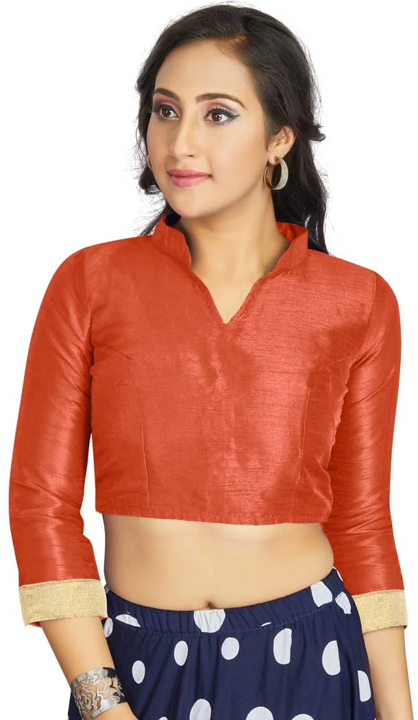 Orange Art Silk Lace Border Work Party Wear Readymade Blouse - 12033204702